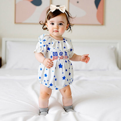 Star Print USA Letter Print Falbala Ruffle Sleeve Baby Romper - ChildAngle