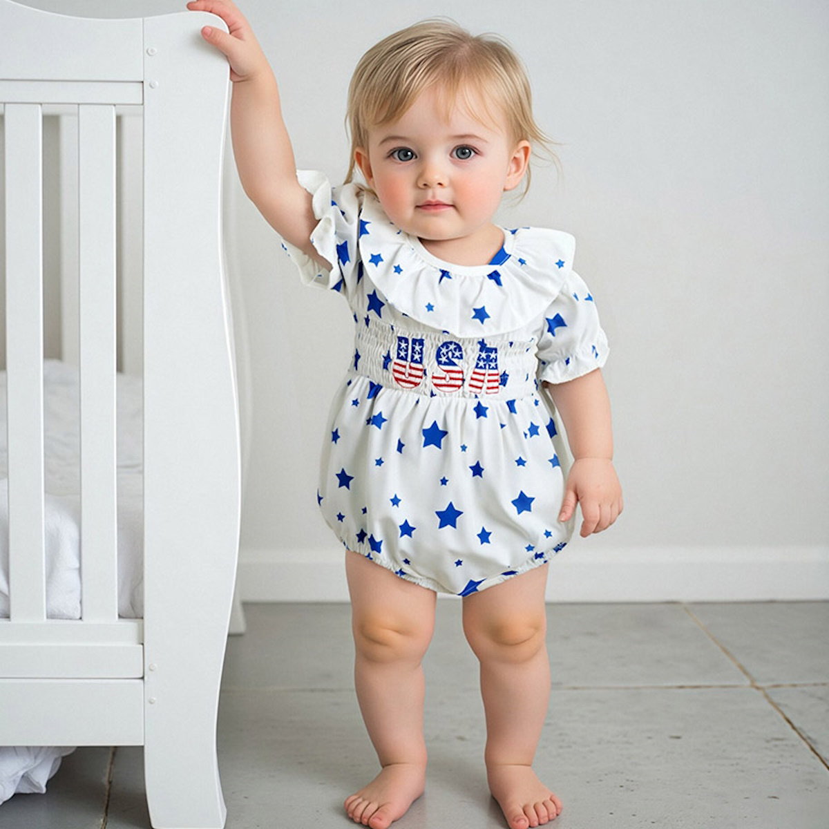 Star Print USA Letter Print Falbala Ruffle Sleeve Baby Romper - ChildAngle