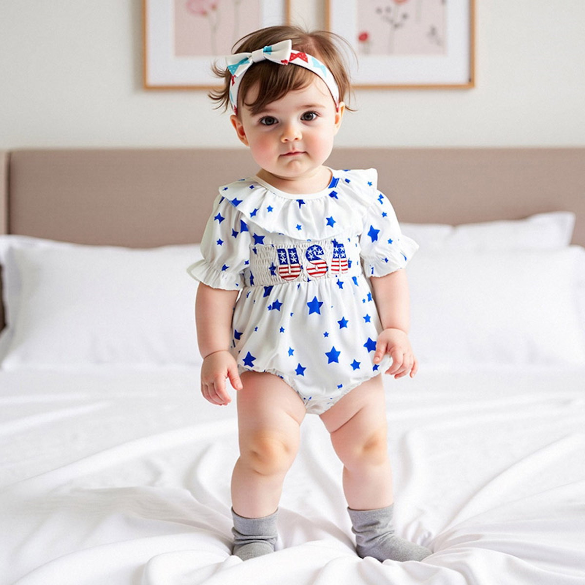 Star Print USA Letter Print Falbala Ruffle Sleeve Baby Romper - ChildAngle