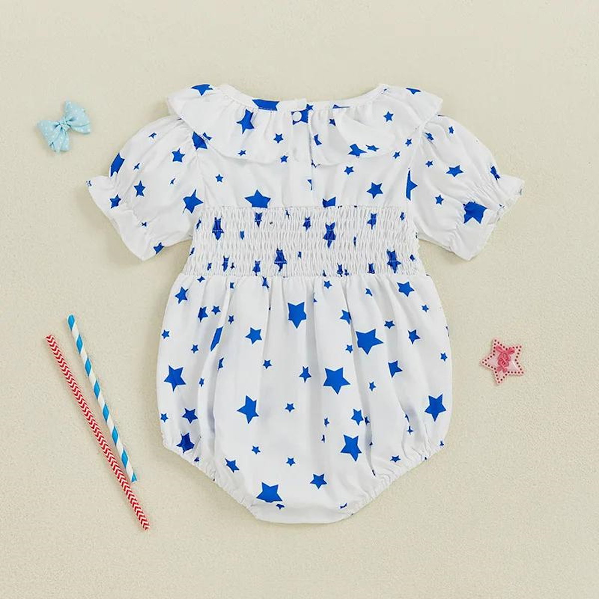 Star Print USA Letter Print Falbala Ruffle Sleeve Baby Romper - ChildAngle