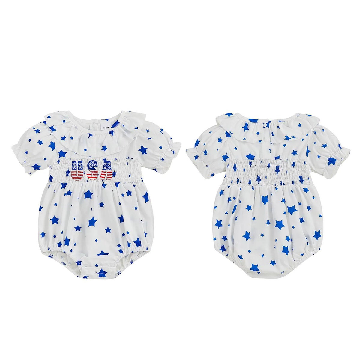 Star Print USA Letter Print Falbala Ruffle Sleeve Baby Romper - ChildAngle