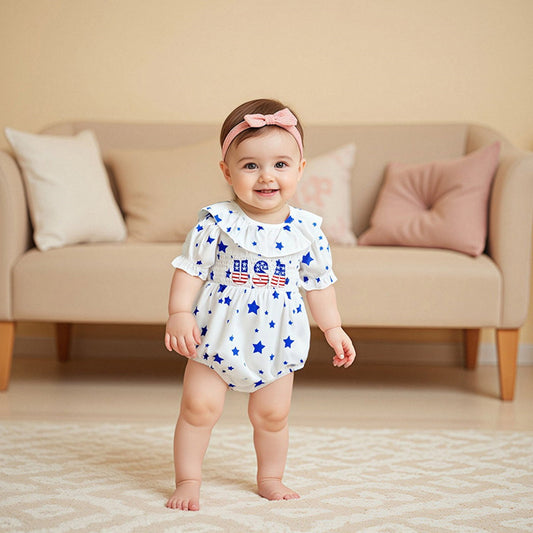Star Print USA Letter Print Falbala Ruffle Sleeve Baby Romper - ChildAngle