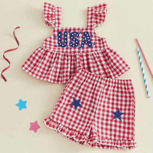 Red and white checkered 'USA' Letter Print Flutter Shoulder Top and Plaid Star Design Bottom for Toddlers