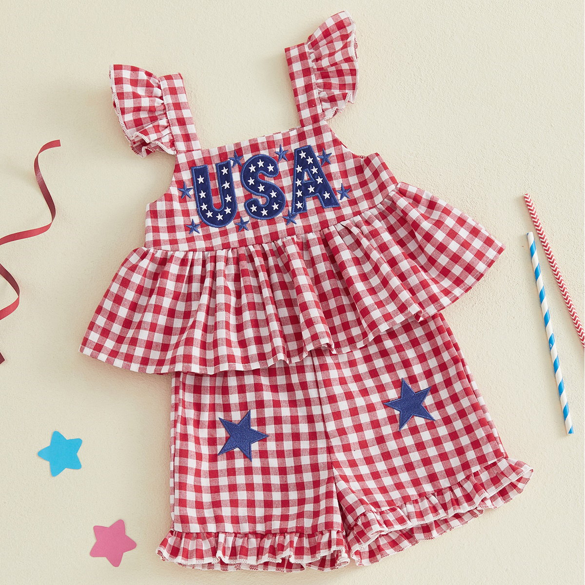 Red and white checkered 'USA' Letter Print Flutter Shoulder Top and Plaid Star Design Bottom for Toddlers