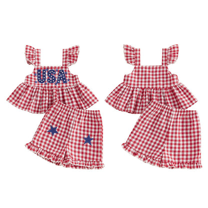 Red and white checkered 'USA' Letter Print Flutter Shoulder Top and Plaid Star Design Bottom for Toddlers