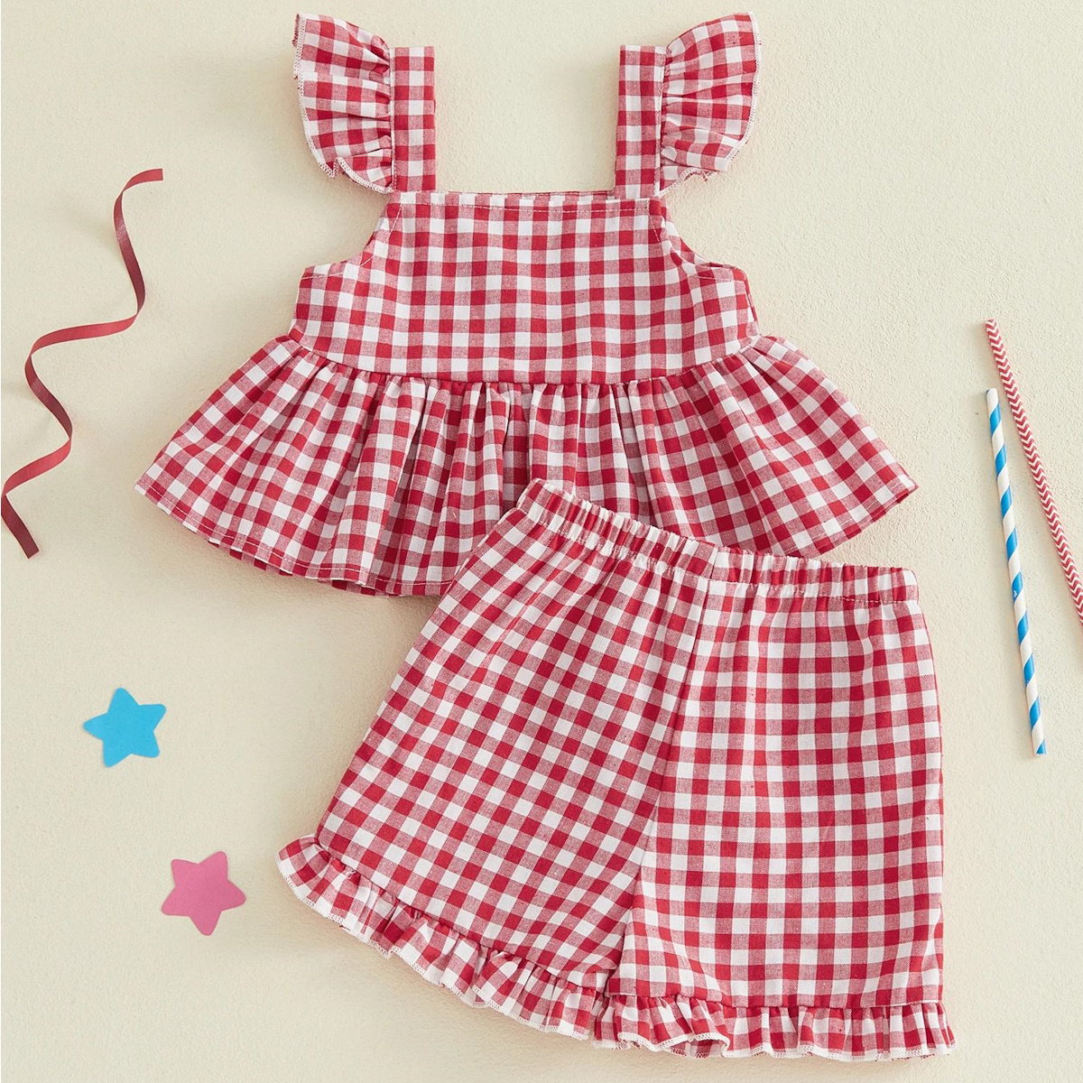 Red and white checkered 'USA' Letter Print Flutter Shoulder Top and Plaid Star Design Bottom for Toddlers