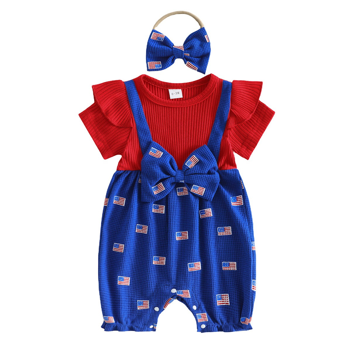 Infant 4th of July Outfits American Flag Ribbed Onesie Bowknot Outfits with Headband - ChildAngle Independence Day Outfits for Babies