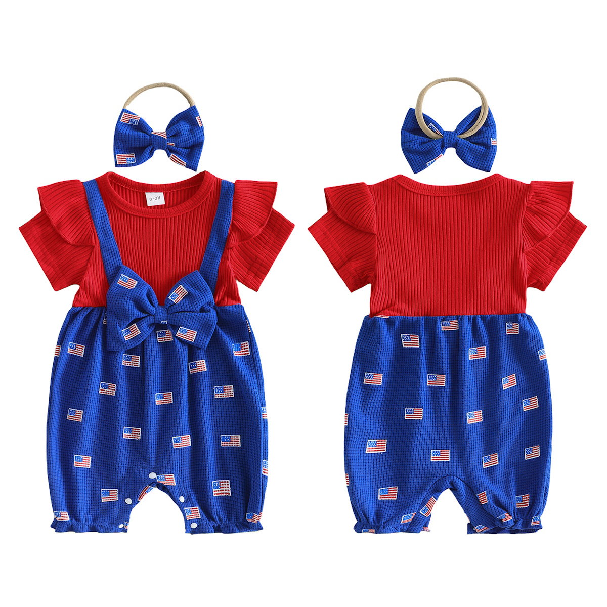 Infant 4th of July Outfits American Flag Ribbed Onesie Bowknot Outfits with Headband - ChildAngle Independence Day Outfits for Babies