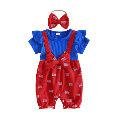 Infant 4th of July Outfits American Flag Ribbed Onesie Bowknot Outfits with Headband - ChildAngle Independence Day Outfits for Babies