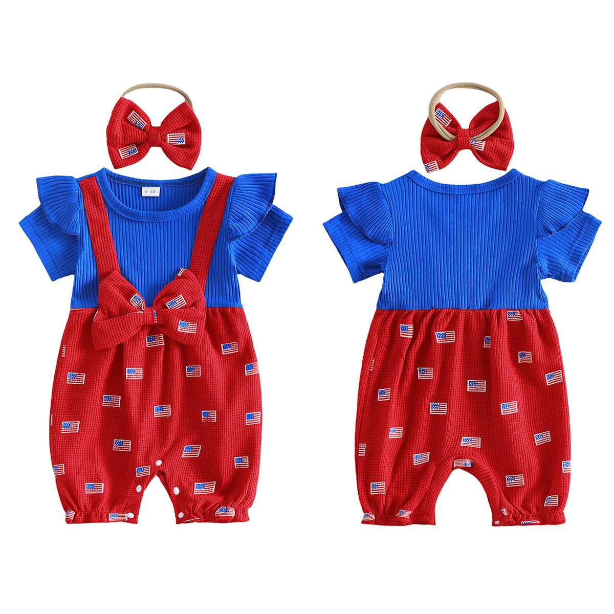 Infant 4th of July Outfits American Flag Ribbed Onesie Bowknot Outfits with Headband - ChildAngle Independence Day Outfits for Babies