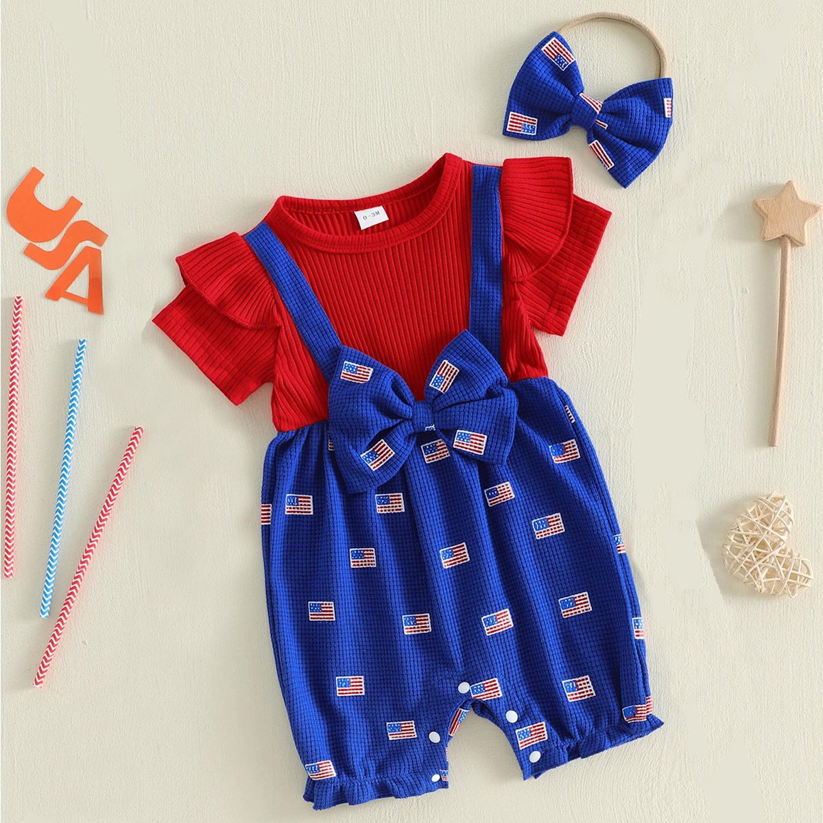 Infant 4th of July Outfits American Flag Ribbed Onesie Bowknot Outfits with Headband - ChildAngle Independence Day Outfits for Babies