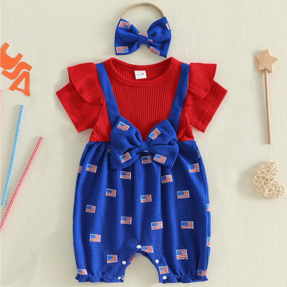 Infant 4th of July Outfits American Flag Ribbed Onesie Bowknot Outfits with Headband - ChildAngle Independence Day Outfits for Babies