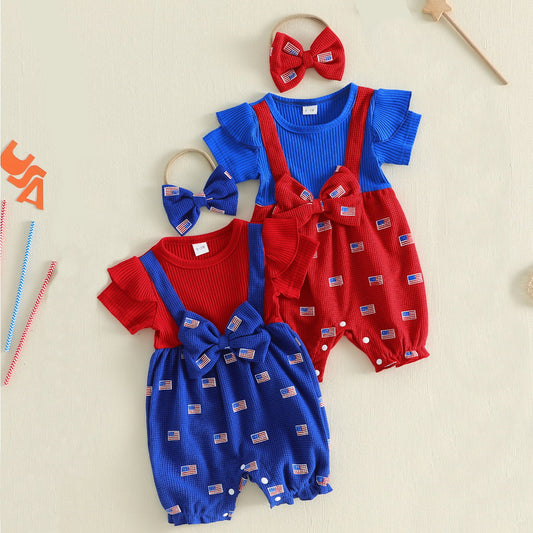 Infant 4th of July Outfits American Flag Ribbed Onesie Bowknot Outfits with Headband - ChildAngle Independence Day Outfits for Babies