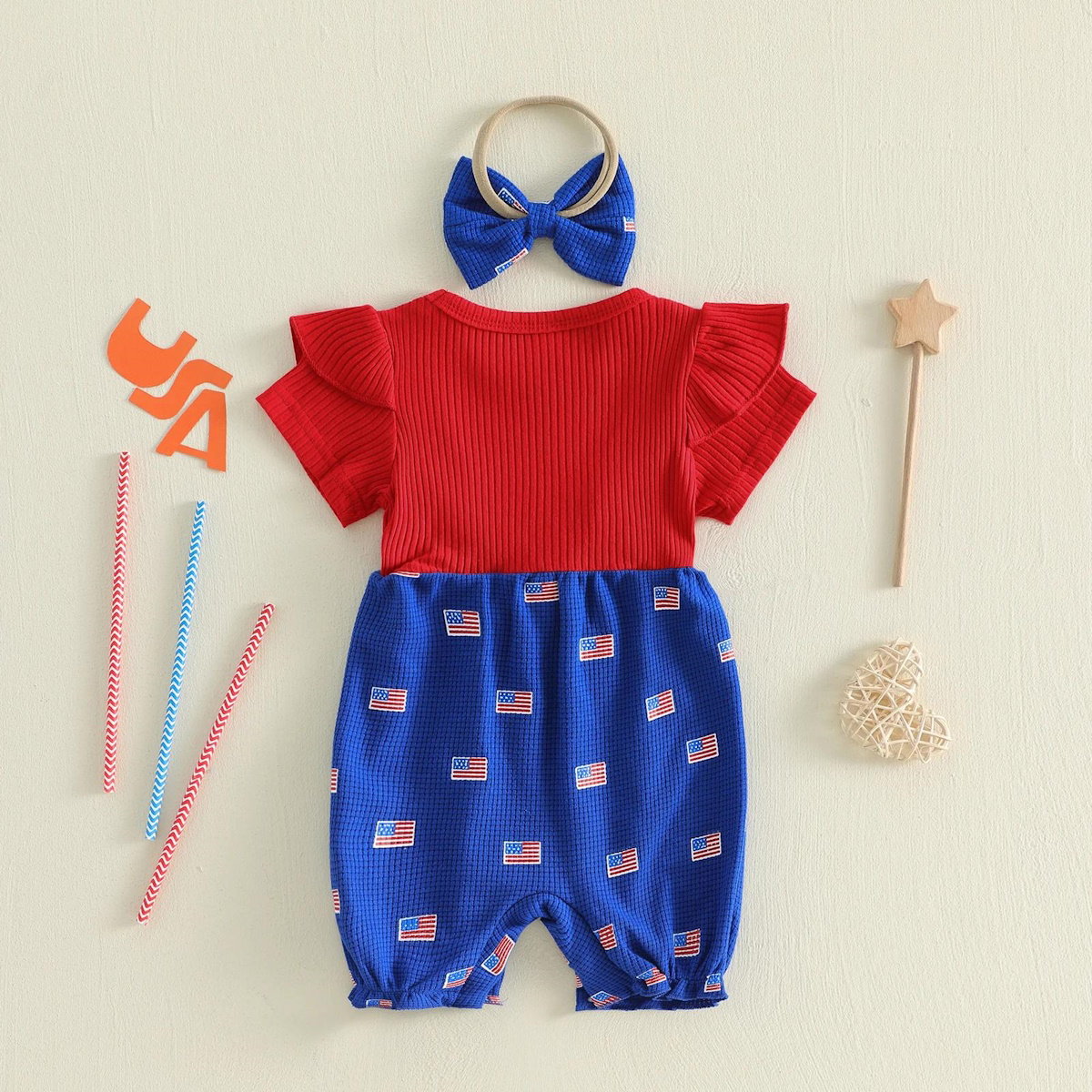 Infant 4th of July Outfits American Flag Ribbed Onesie Bowknot Outfits with Headband - ChildAngle Independence Day Outfits for Babies