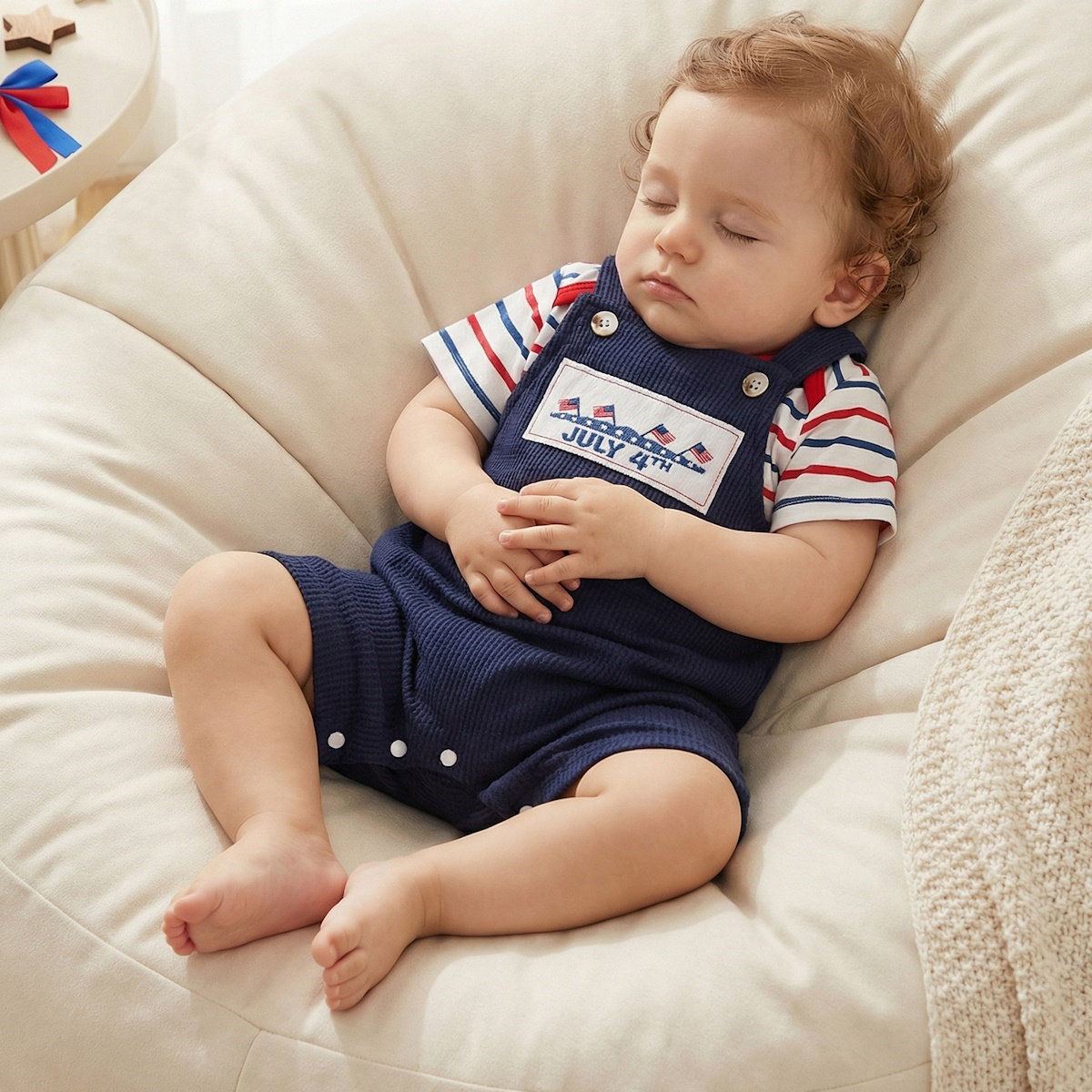 Infant 4th of July Outfits Striped Baby Romper and Blue Overalls - ChildAngle Independence Day Sale