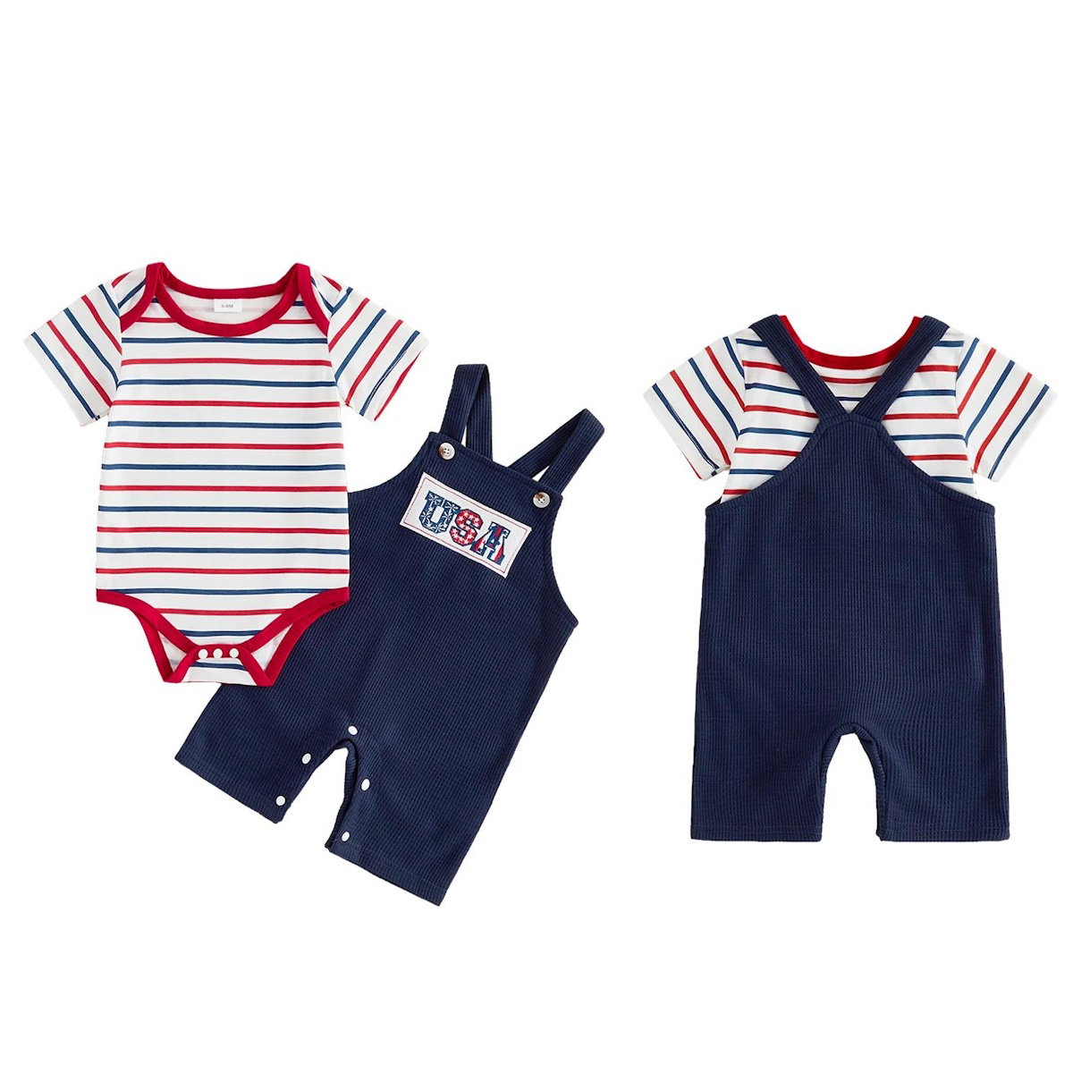 Infant 4th of July Outfits Striped Baby Romper and Blue Overalls - ChildAngle Independence Day Sale