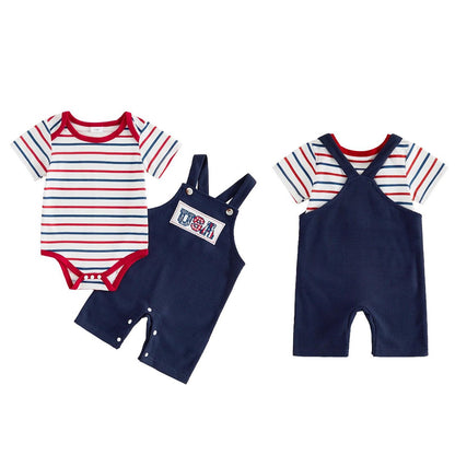 Infant 4th of July Outfits Striped Baby Romper and Blue Overalls - ChildAngle Independence Day Sale