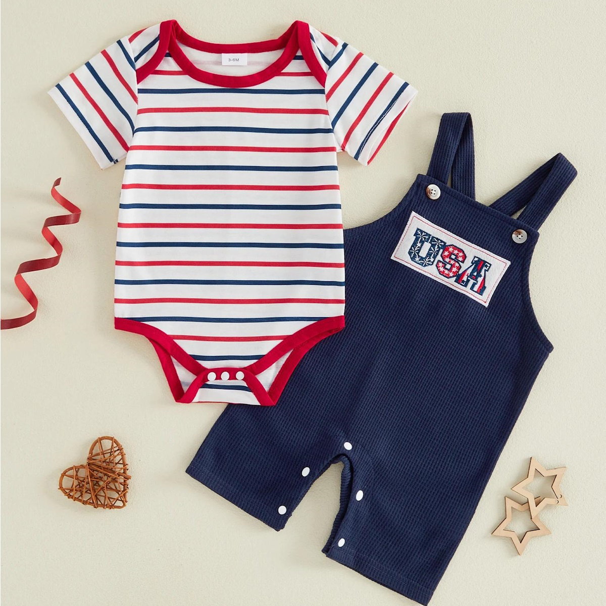 Infant 4th of July Outfits Striped Baby Romper and Blue Overalls - ChildAngle Independence Day Sale