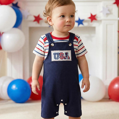 Infant 4th of July Outfits Striped Baby Romper and Blue Overalls - ChildAngle Independence Day Sale