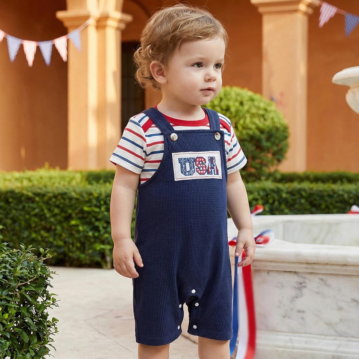 Infant 4th of July Outfits Striped Baby Romper and Blue Overalls - ChildAngle Independence Day Sale