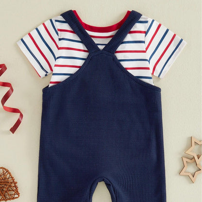 Infant 4th of July Outfits Striped Baby Romper and Blue Overalls - ChildAngle Independence Day Sale