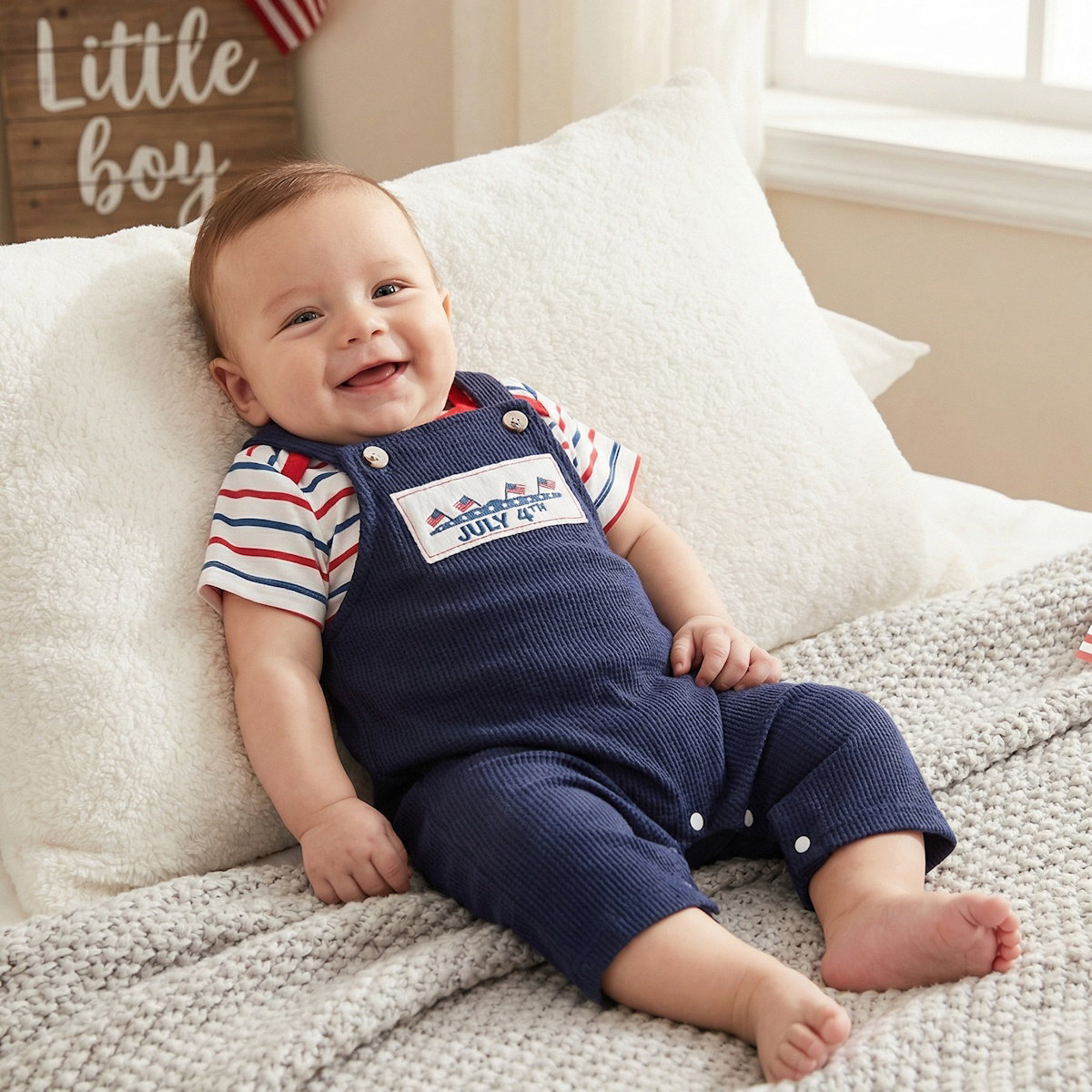 Infant 4th of July Outfits Striped Baby Romper and Blue Overalls - ChildAngle Independence Day Sale