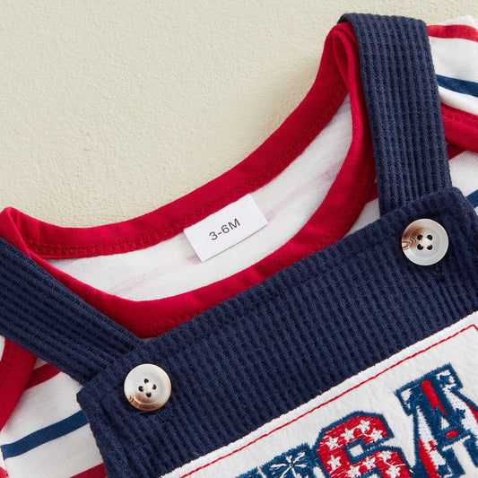 Infant 4th of July Outfits Striped Baby Romper and Blue Overalls - ChildAngle Independence Day Sale