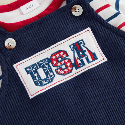 Infant 4th of July Outfits Striped Baby Romper and Blue Overalls - ChildAngle Independence Day Sale