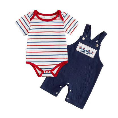 Infant 4th of July Outfits Striped Baby Romper and Blue Overalls - ChildAngle Independence Day Sale