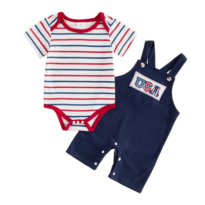 Infant 4th of July Outfits Striped Baby Romper and Blue Overalls - ChildAngle Independence Day Sale