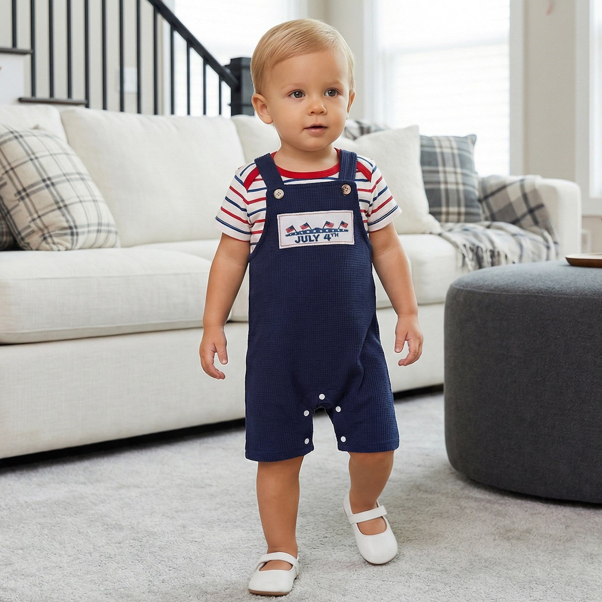 Infant 4th of July Outfits Striped Baby Romper and Blue Overalls - ChildAngle Independence Day Sale
