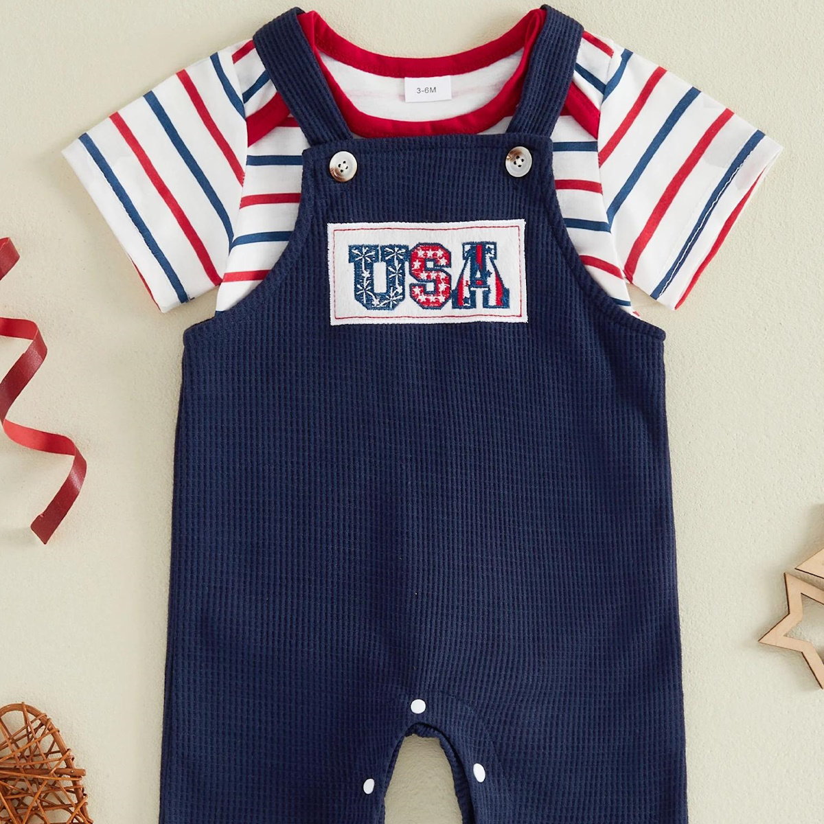 Infant 4th of July Outfits Striped Baby Romper and Blue Overalls - ChildAngle Independence Day Sale