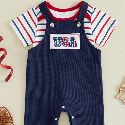 Infant 4th of July Outfits Striped Baby Romper and Blue Overalls - ChildAngle Independence Day Sale