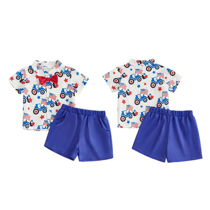Traje de camiseta y pantalones cortos con la bandera estadounidense y estrellas de camión para el 4 de julio para niños pequeños