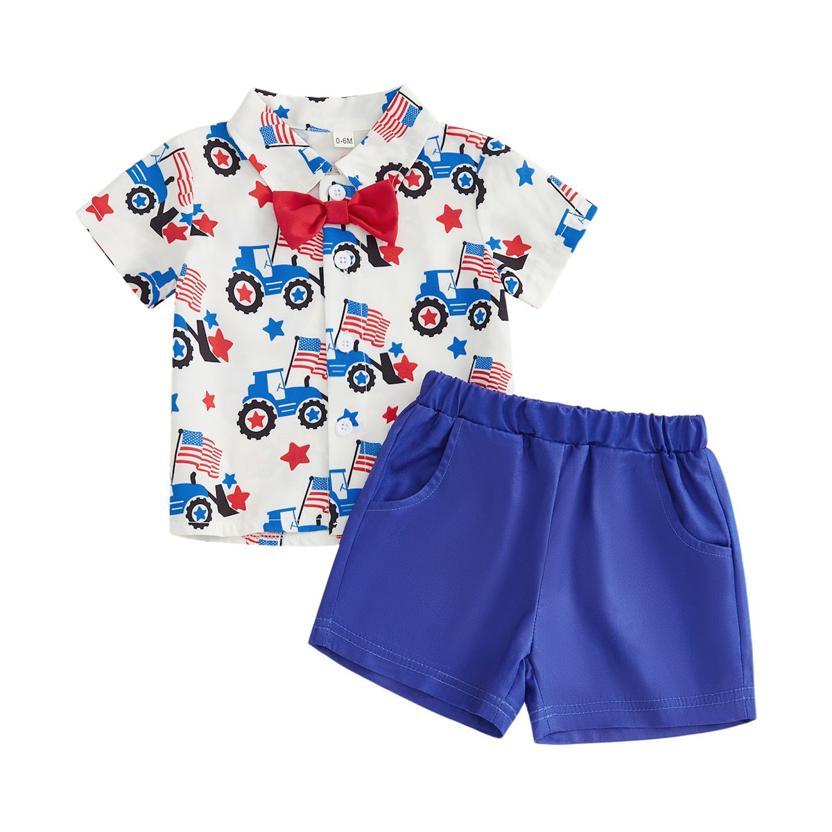Traje de camiseta y pantalones cortos con la bandera estadounidense y estrellas de camión para el 4 de julio para niños pequeños