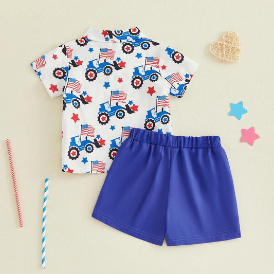 Toddler Truck Stars American Flag 4th of July Outfits Top and Shorts