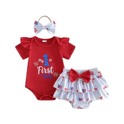 Infant My 1st First 4th of July Baby Romper with Tiered Shorts with Headband - ChildAngle