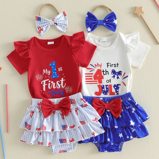 Infant My 1st First 4th of July Baby Romper with Tiered Shorts with Headband - ChildAngle