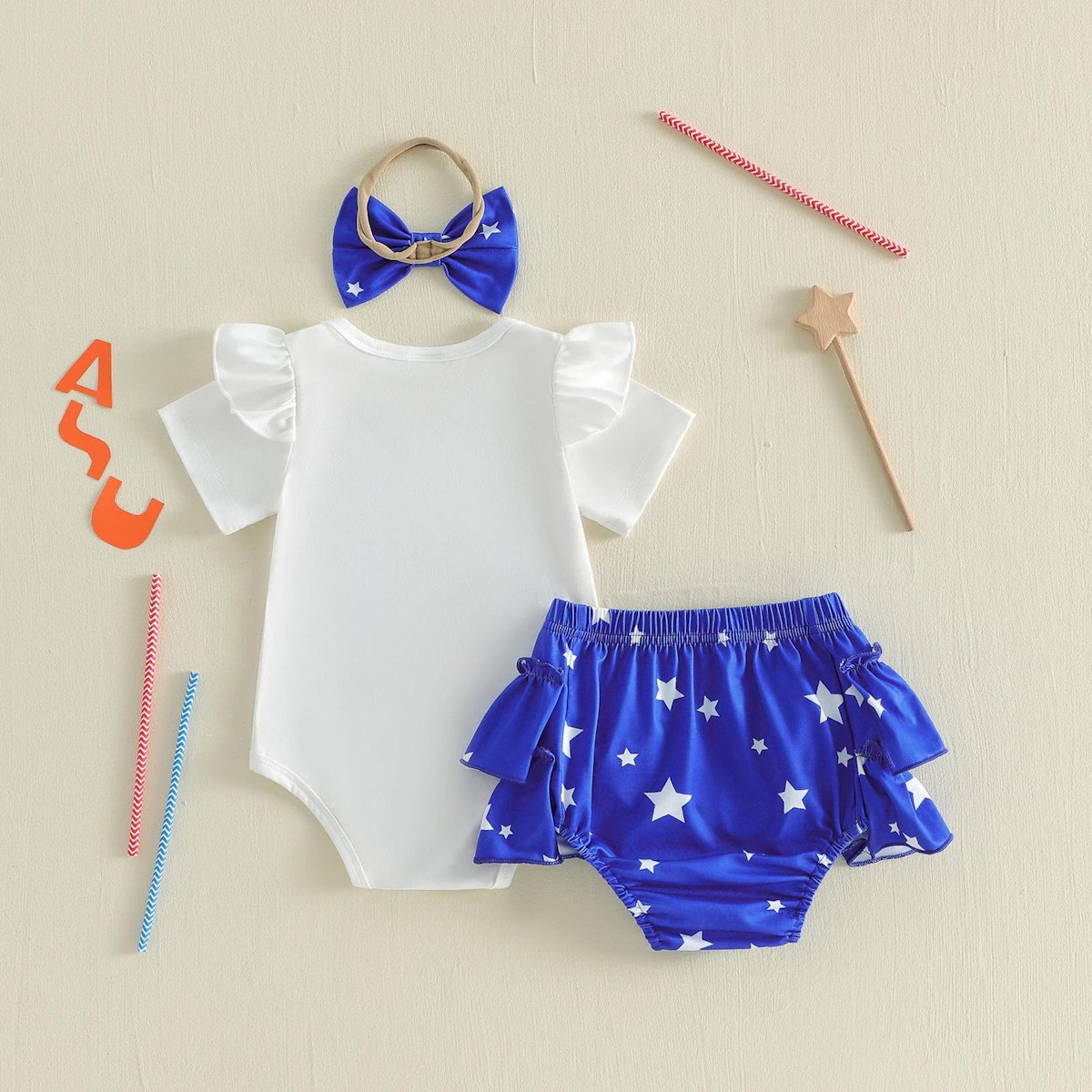 Infant My 1st First 4th of July Baby Romper with Tiered Shorts with Headband - ChildAngle