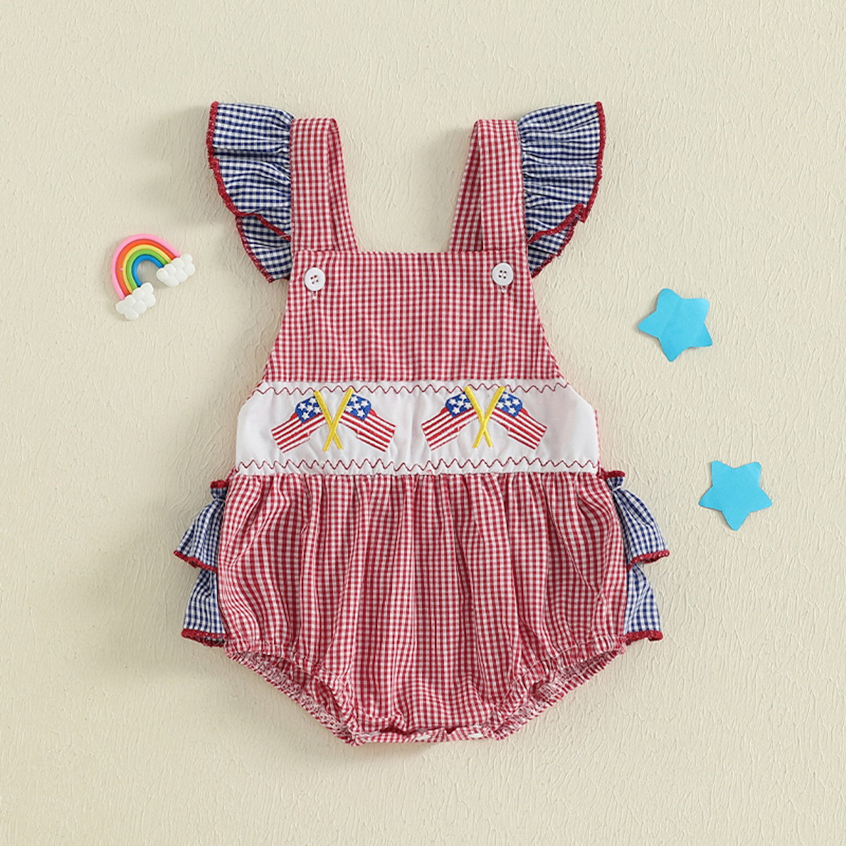 American Flag Plaid Infant 4th of July Romper Ruched Back Flutter Sleeve Baby Outfits - ChildAngle