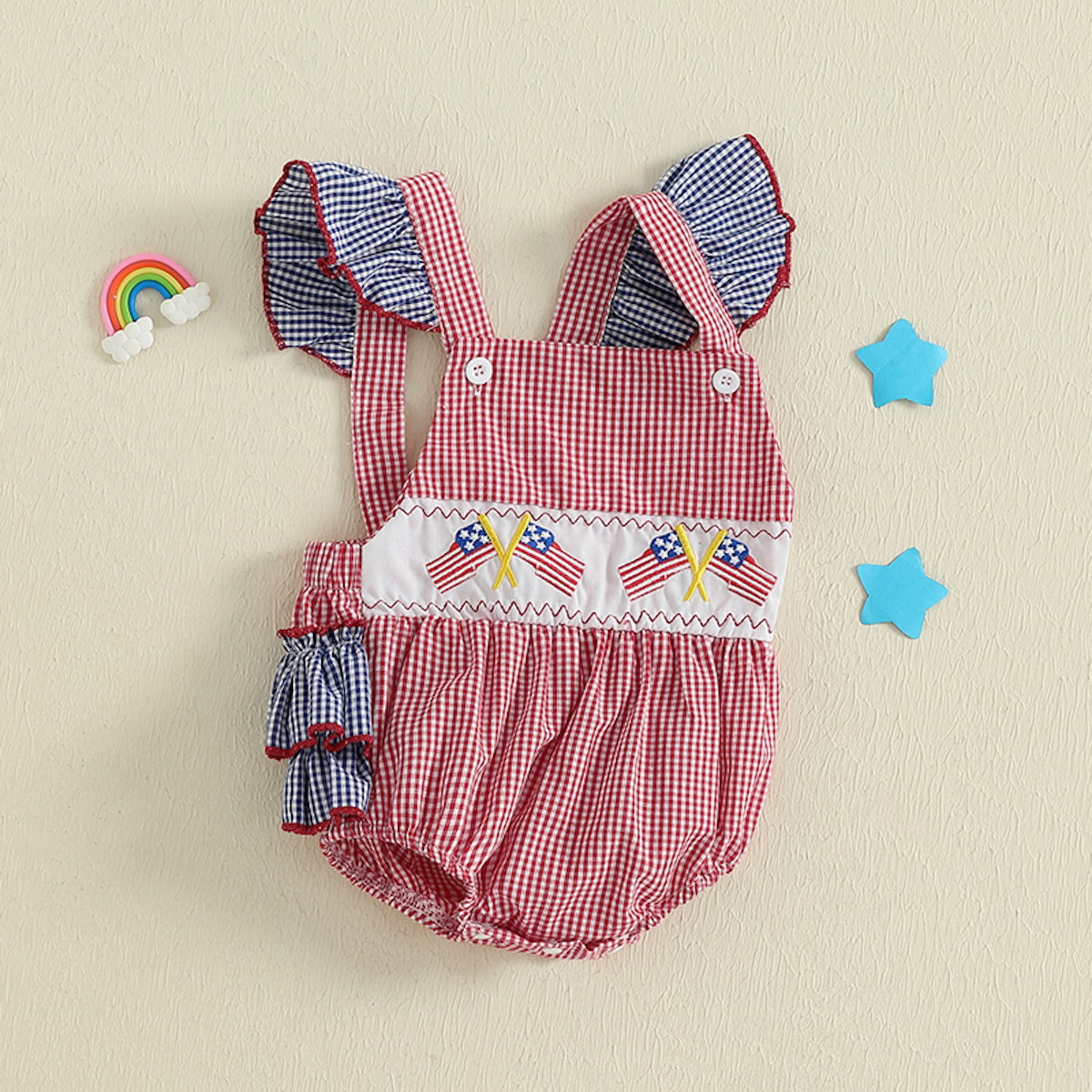 American Flag Plaid Infant 4th of July Romper Ruched Back Flutter Sleeve Baby Outfits - ChildAngle