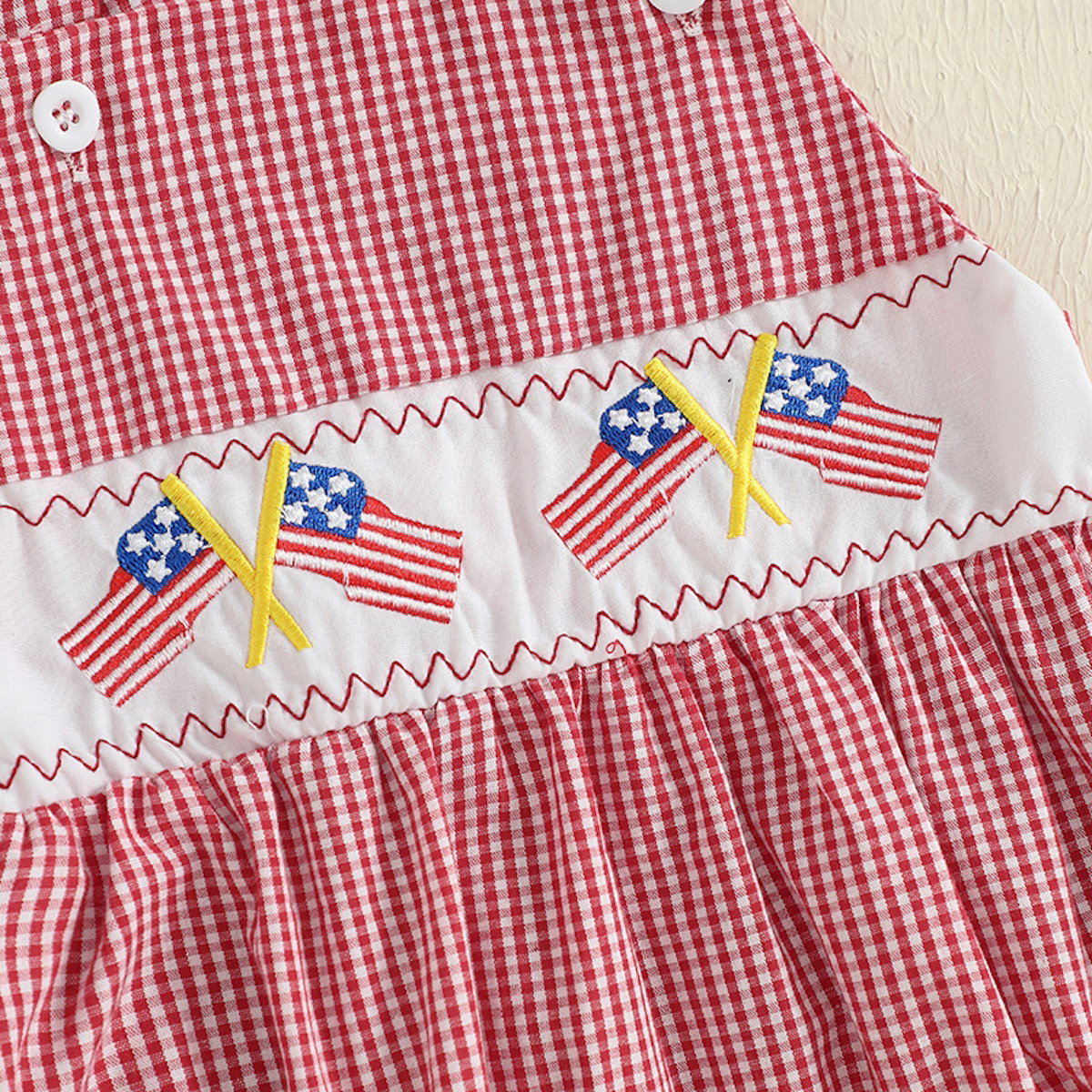 American Flag Plaid Infant 4th of July Romper Ruched Back Flutter Sleeve Baby Outfits - ChildAngle