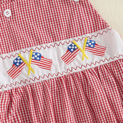 American Flag Plaid Infant 4th of July Romper Ruched Back Flutter Sleeve Baby Outfits - ChildAngle