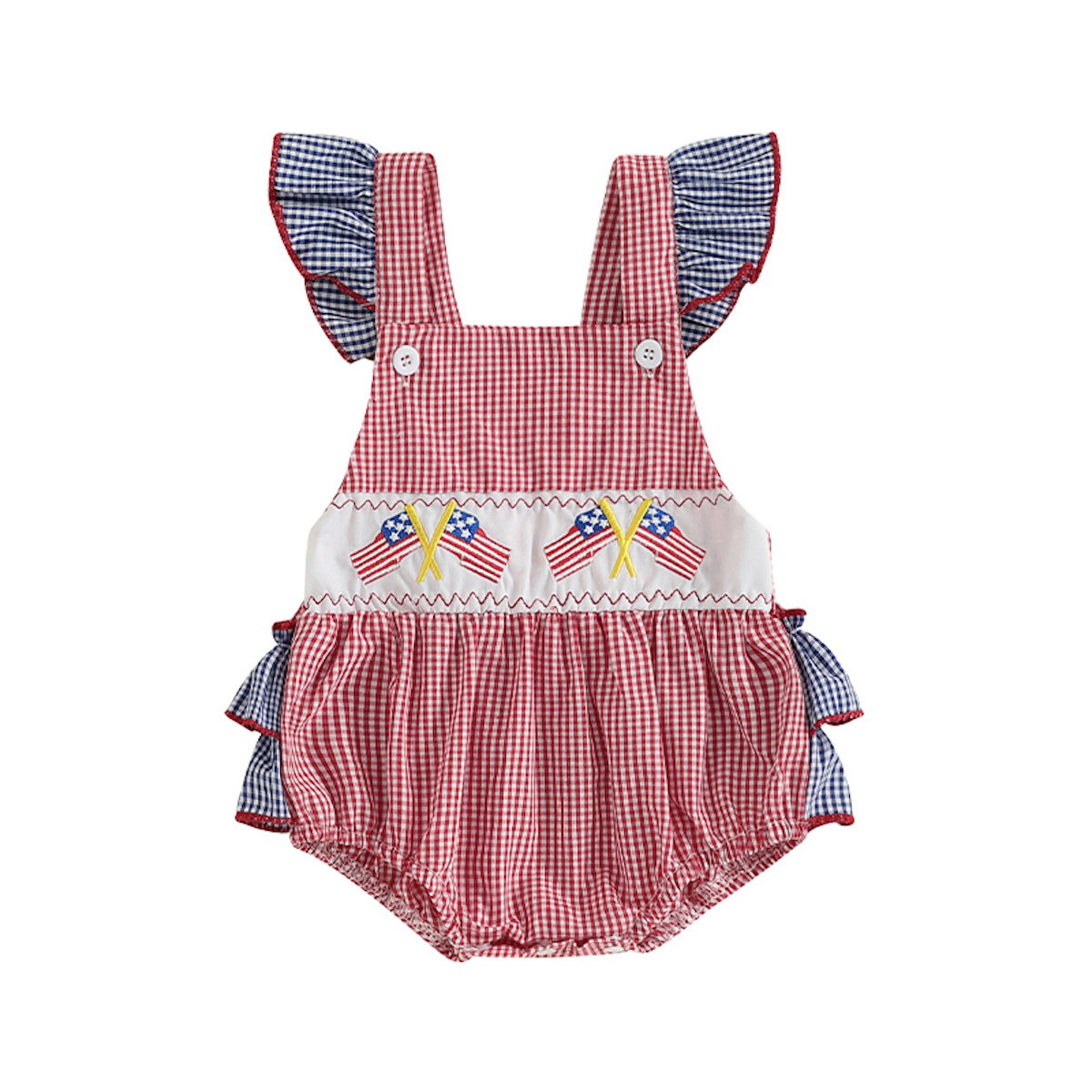 American Flag Plaid Infant 4th of July Romper Ruched Back Flutter Sleeve Baby Outfits - ChildAngle