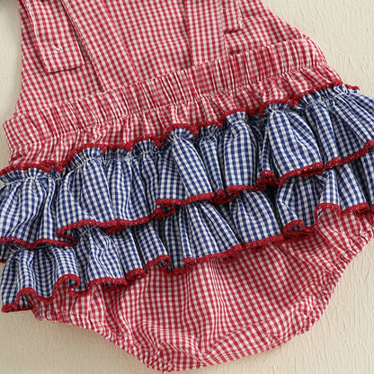 American Flag Plaid Infant 4th of July Romper Ruched Back Flutter Sleeve Baby Outfits - ChildAngle