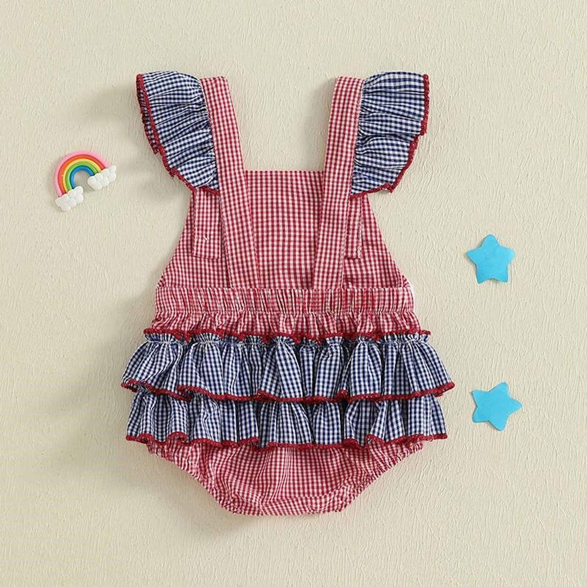 American Flag Plaid Infant 4th of July Romper Ruched Back Flutter Sleeve Baby Outfits - ChildAngle