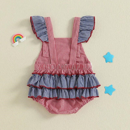 American Flag Plaid Infant 4th of July Romper Ruched Back Flutter Sleeve Baby Outfits - ChildAngle