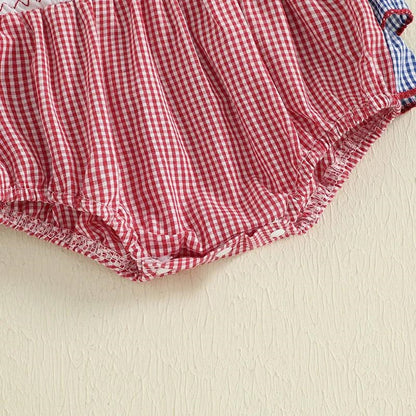 American Flag Plaid Infant 4th of July Romper Ruched Back Flutter Sleeve Baby Outfits - ChildAngle