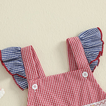 American Flag Plaid Infant 4th of July Romper Ruched Back Flutter Sleeve Baby Outfits - ChildAngle