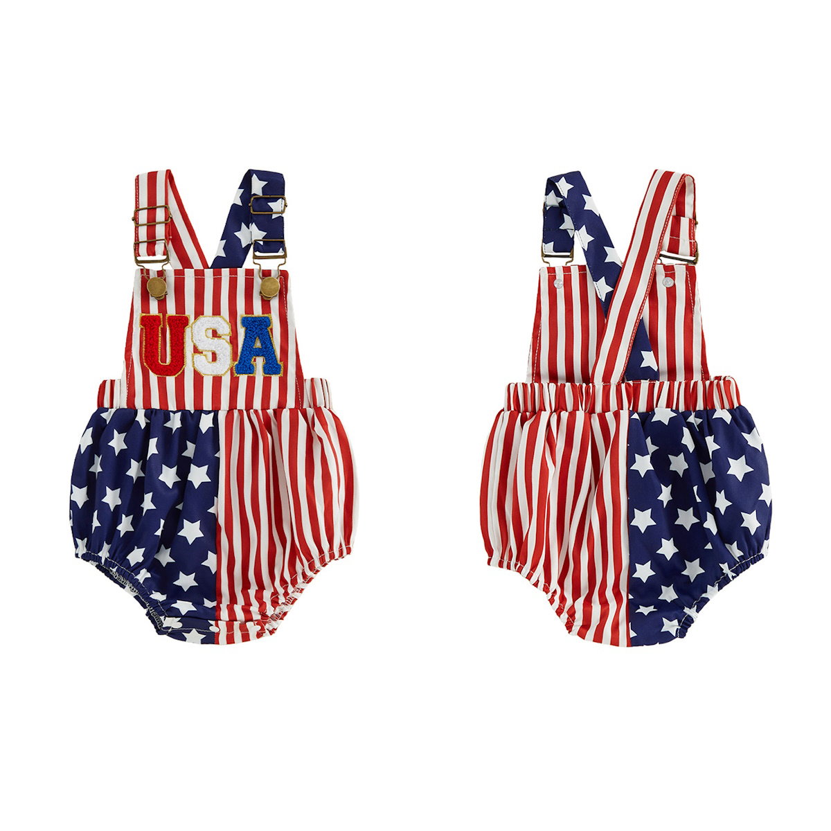 Front and Back of USA Letter Print Red White and Blue Stars and Striped Infant 4th of July Outfits - ChildAngle